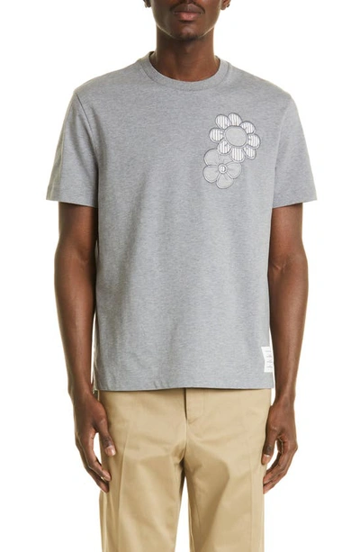 Shop Thom Browne Relaxed Fit Floral Appliqué T-shirt In Medium Grey
