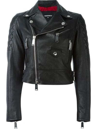 Dsquared2 Leather Jacket W/ Knotted Plaid Shirt In Black