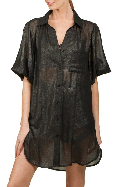 Shop Nikki Lund Oversize Metallic Button-up Tunic Shirt In Black
