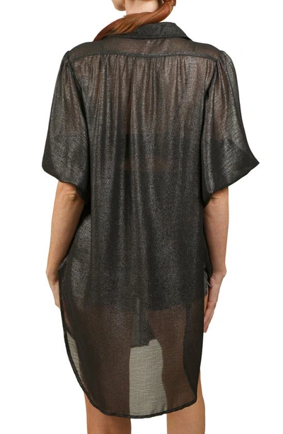 Nikki Lund Oversize Metallic Button-up Tunic Shirt In Black