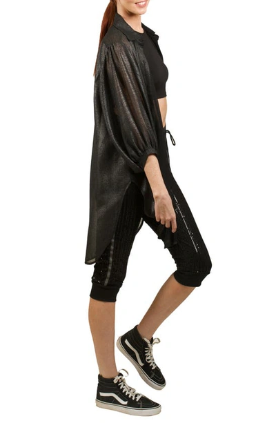 Nikki Lund Oversize Metallic Button-up Tunic Shirt In Black