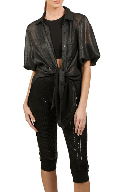Nikki Lund Oversize Metallic Button-up Tunic Shirt In Black