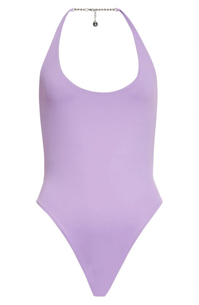 Shop Attico Scoop Halter Neck One-piece Swimsuit In Lavender