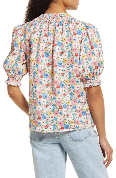 Shop Boden Floral Smocked Short Sleeve Linen Shirt In Milkshake Elegant Bloom