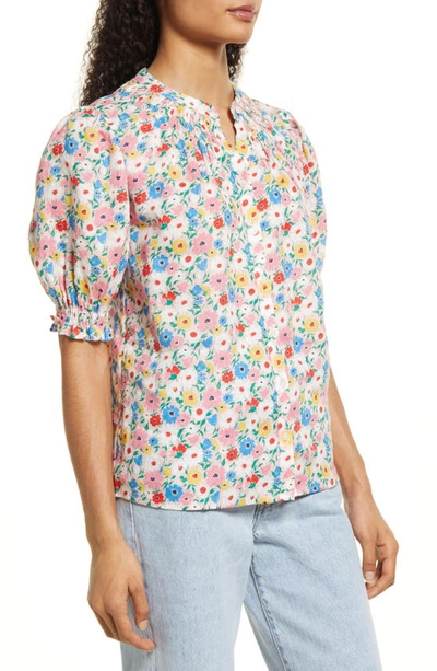 Shop Boden Floral Smocked Short Sleeve Linen Shirt In Milkshake Elegant Bloom