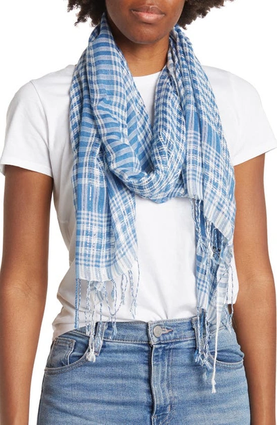 Shop La Fiorentina Checkered Twished Fringe Scarf In Blue