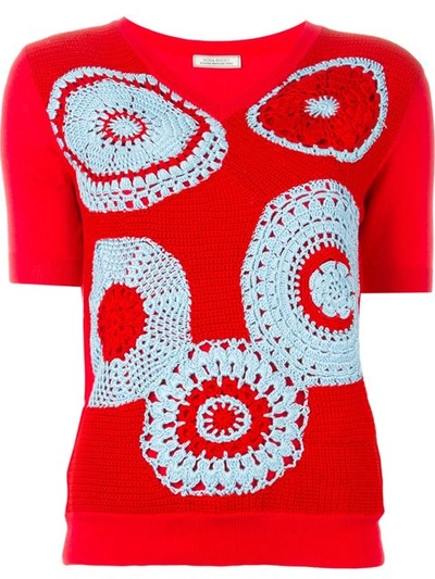 Nina Ricci Hand Crocheted Cotton Sweater In Red/sky Blue