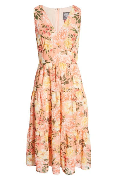 Shop Vince Camuto Floral Sleeveless Tiered Ruffle Midi Dress In Blush