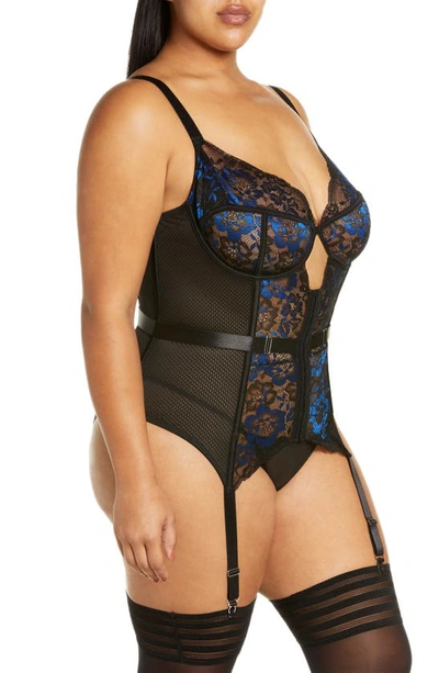 Coquette Floral Mesh Underwire Bustier With Garter Straps In Black