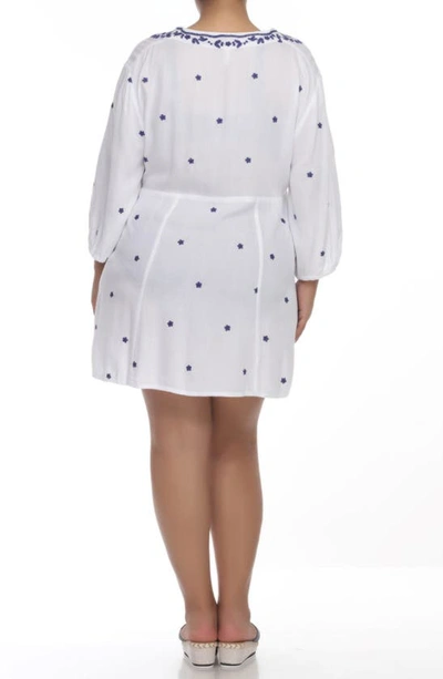 Boho Me Embroidered 3/4 Sleeve Coverup In White W/ Navy