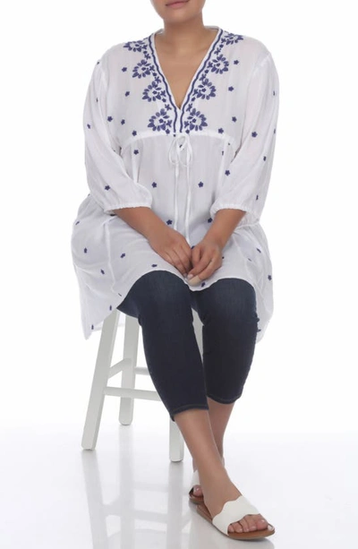 Shop Boho Me Embroidered 3/4 Sleeve Coverup In White W/ Navy