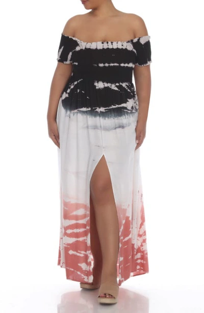 Shop Boho Me Off-the-shoulder Tie Dye Print Maxi Dress In Black Tie Dye Ombre