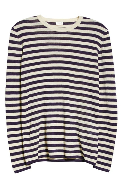 Shop Saint Laurent Stripe Linen & Silk Sweater In Natural/ Violet