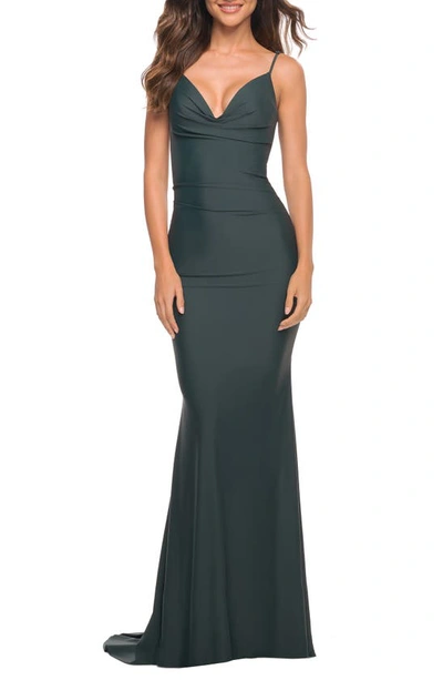 Shop La Femme Drape Nck Long Jersey Dress In Dark Emerald