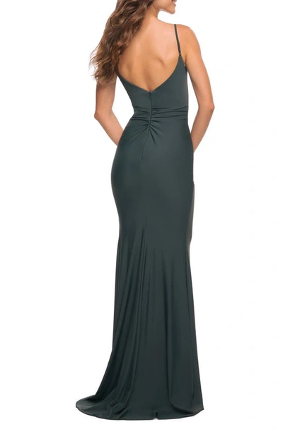 Shop La Femme Drape Nck Long Jersey Dress In Dark Emerald