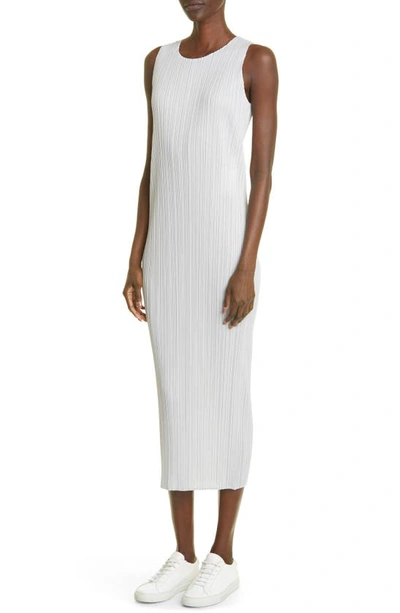 Issey Miyake Basics Pleated Midi Dress In Light Grey