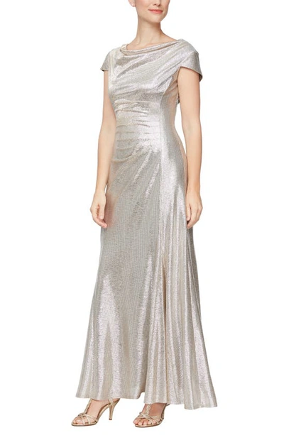 Shop Alex Evenings Metallic Cap Sleeve A-line Gown In Champagne