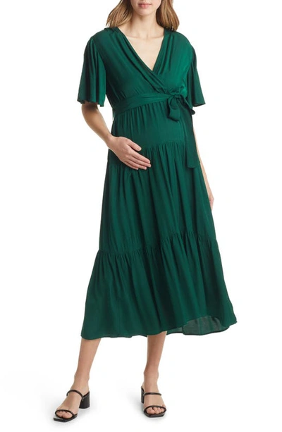 Shop Angel Maternity Crossover Faux Wrap Maternity Maxi Dress In Green