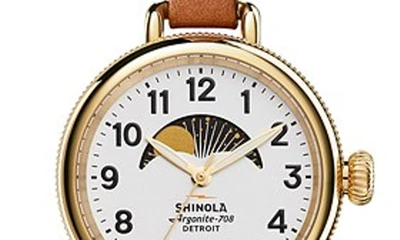 Shop Shinola The Birdy Moon Phase Leather Strap Watch, 34mm In Brown/ White/ Gold
