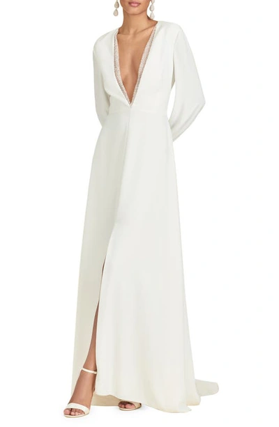 Shop Sachin & Babi Brit Crystal Plunge Neck Long Sleeve Gown In Off White
