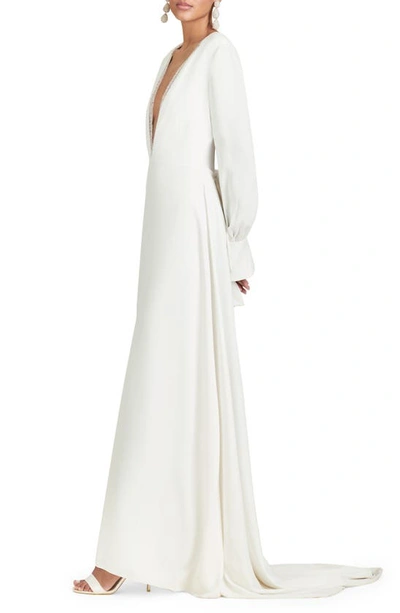 Shop Sachin & Babi Brit Crystal Plunge Neck Long Sleeve Gown In Off White