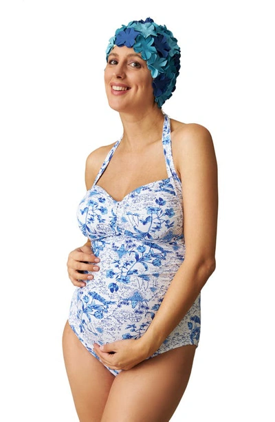 Shop Pez D'or Toile De Jouy One-piece Maternity Swimsuit In White/ Blue