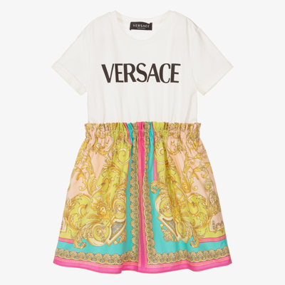 Shop Versace Girls Barocco Goddess Cotton Dress In Pink
