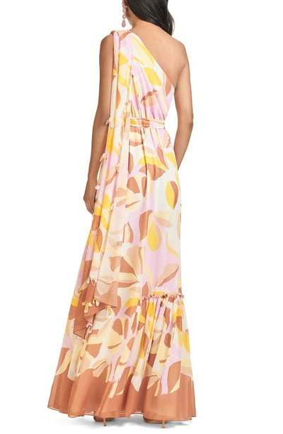 Shop Sachin & Babi Tori Floral One-shoulder Gown In Pink/ Yellow Colorblock