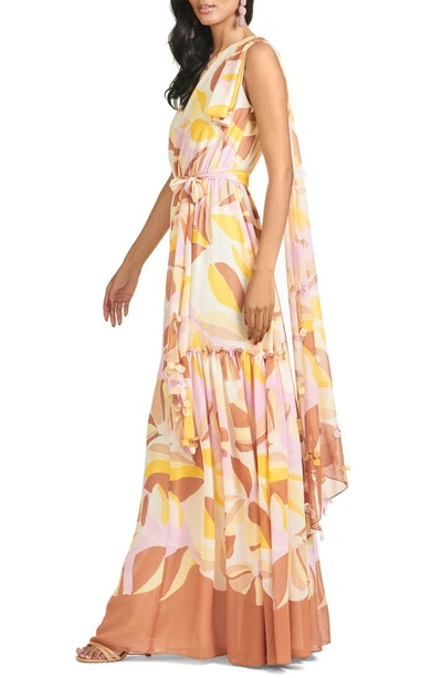 Shop Sachin & Babi Tori Floral One-shoulder Gown In Pink/ Yellow Colorblock