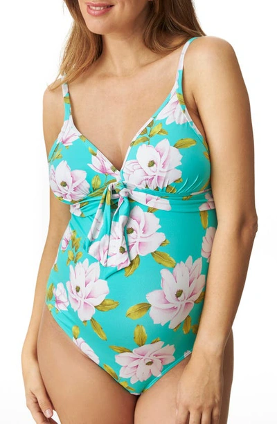 Shop Pez D'or Mauve Floral One-piece Maternity Swimsuit In Aqua