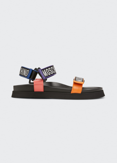 Shop Moschino Men's Logo Tape Sandals In Black Multi
