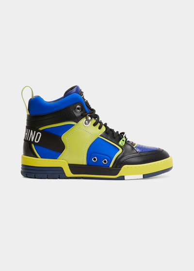 Shop Moschino Men's Street Ball High-top Leather Sneakers In Light Blue