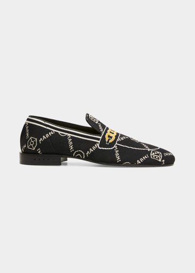 Shop Marni Men's Loom Logo Jacquard Knit Loafers In Black/whit