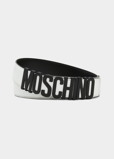 Shop Moschino Men's Leather Logo Belt In White Multi