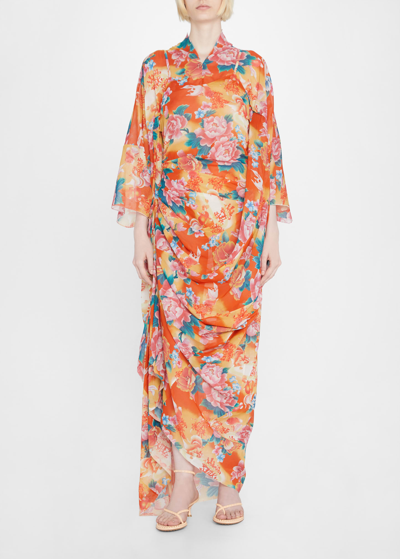 Shop Junya Watanabe Floral-print Draped Dress In 1 Org/pnk/green