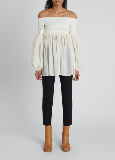 Shop Chloé Wool Gauze Off-the-shoulder Smocked Top In Eden White