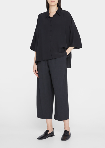Shop Eskandar Wide A-line Short-sleeve Shirt With Collar (mid Length) In Black