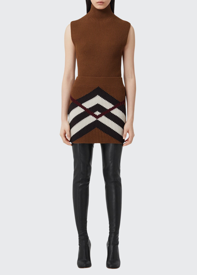 Shop Burberry Kiri Check Cashmere Rib Mini Skirt In Dark Birch Brown
