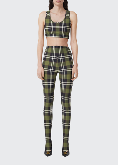 Shop Burberry Immy Check Sports Bra Top In Dark Olive Green
