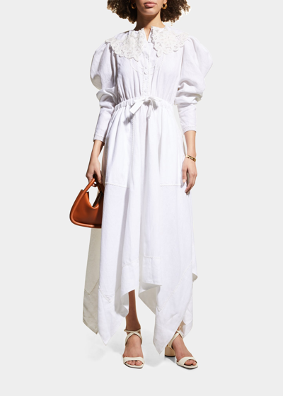 Shop Ulla Johnson Fiona Gigot-sleeve Linen Dress W/ Lace In Bone