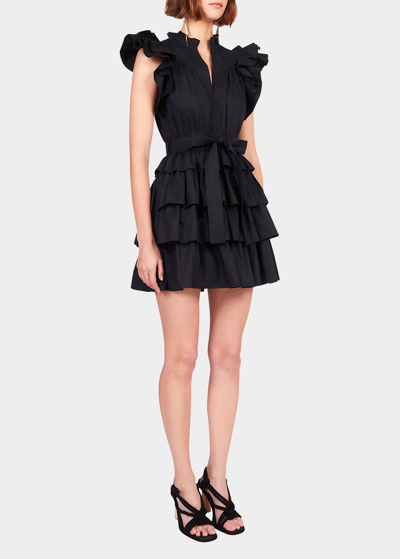 Shop Ulla Johnson Lulua Ruffle Tiered Flutter-sleeve Mini Dress In Noir