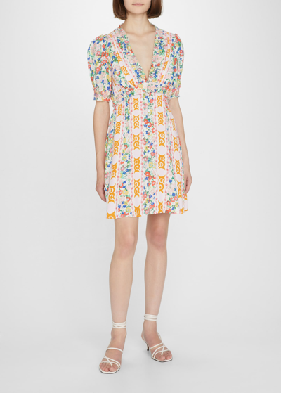 Shop Saloni Lea Floral Button Ruffled Mini Dress In Rosette Stripe