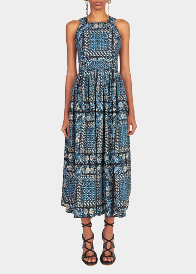 Shop Ulla Johnson Kerani Printed High Square-neck Pleated Midi Dress In Azure