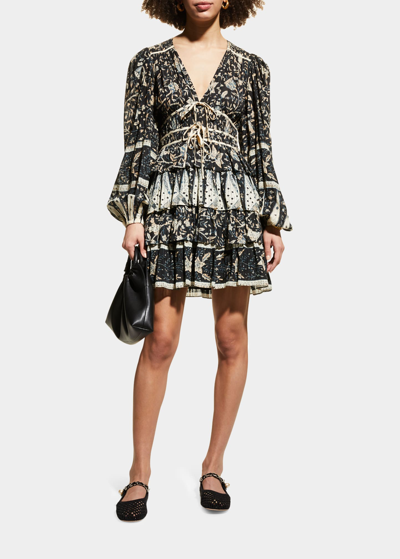 Shop Ulla Johnson Nina Lantern-sleeve Tiered Fit-&-flare Mini Dress In Rainforest