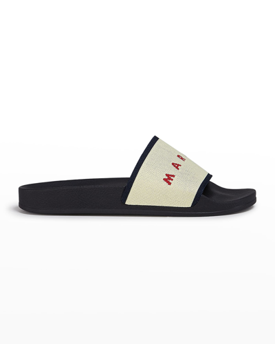 Shop Marni Logo Flat Pool Sandals In 717 Ecru Blublack