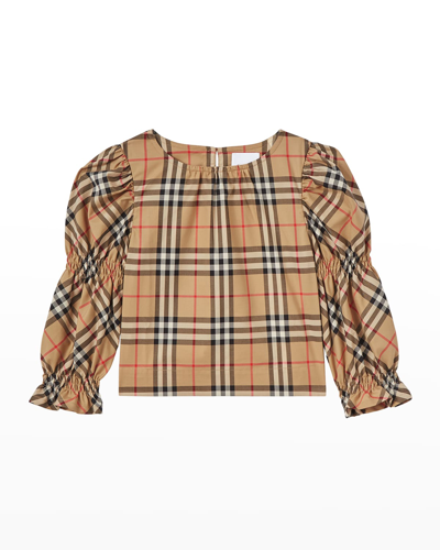 Shop Burberry Girl's Susanna Check Gathered Blouse In Archive Beige Ip