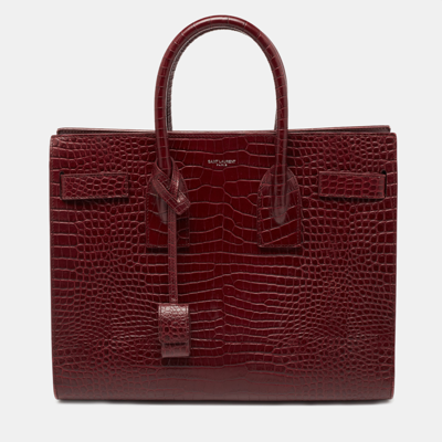 Pre-owned Saint Laurent Burgundy Croc Embossed Leather Small Sac De Jour Tote