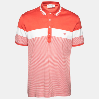 Pre-owned Ferragamo Coral Stripe Polo T-shirt Xl In Orange