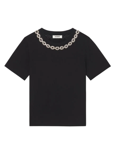 Shop Sandro Women's Organic Cotton Jewelled Collar T-shirt In Black