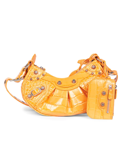 Shop Balenciaga Women's Xs Le Cagole Croc-embossed Leather Shoulder Bag In Pop Orange
